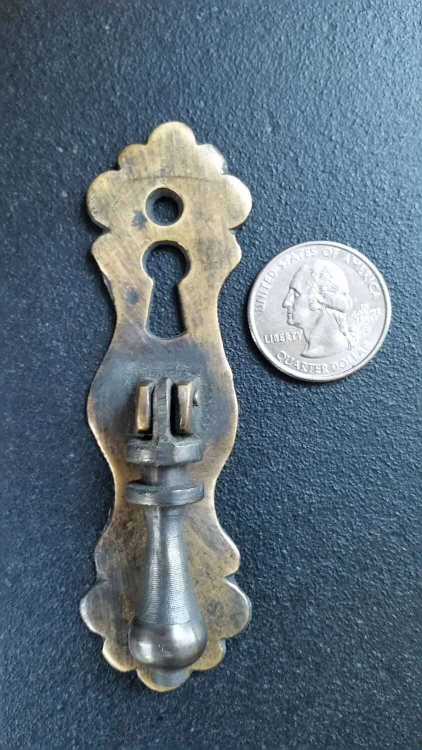 6 Handles with Teardrop Pendant Pulls and Escutcheon Key Holes, Cabinet, Solid Brass 3 3/4" long #H1
