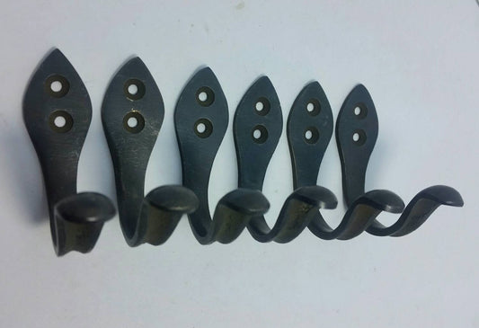 6 Single Arts and Crafts Coat Hat Hooks, Modern Simple Design 2" Solid Tarnished Brass #C8