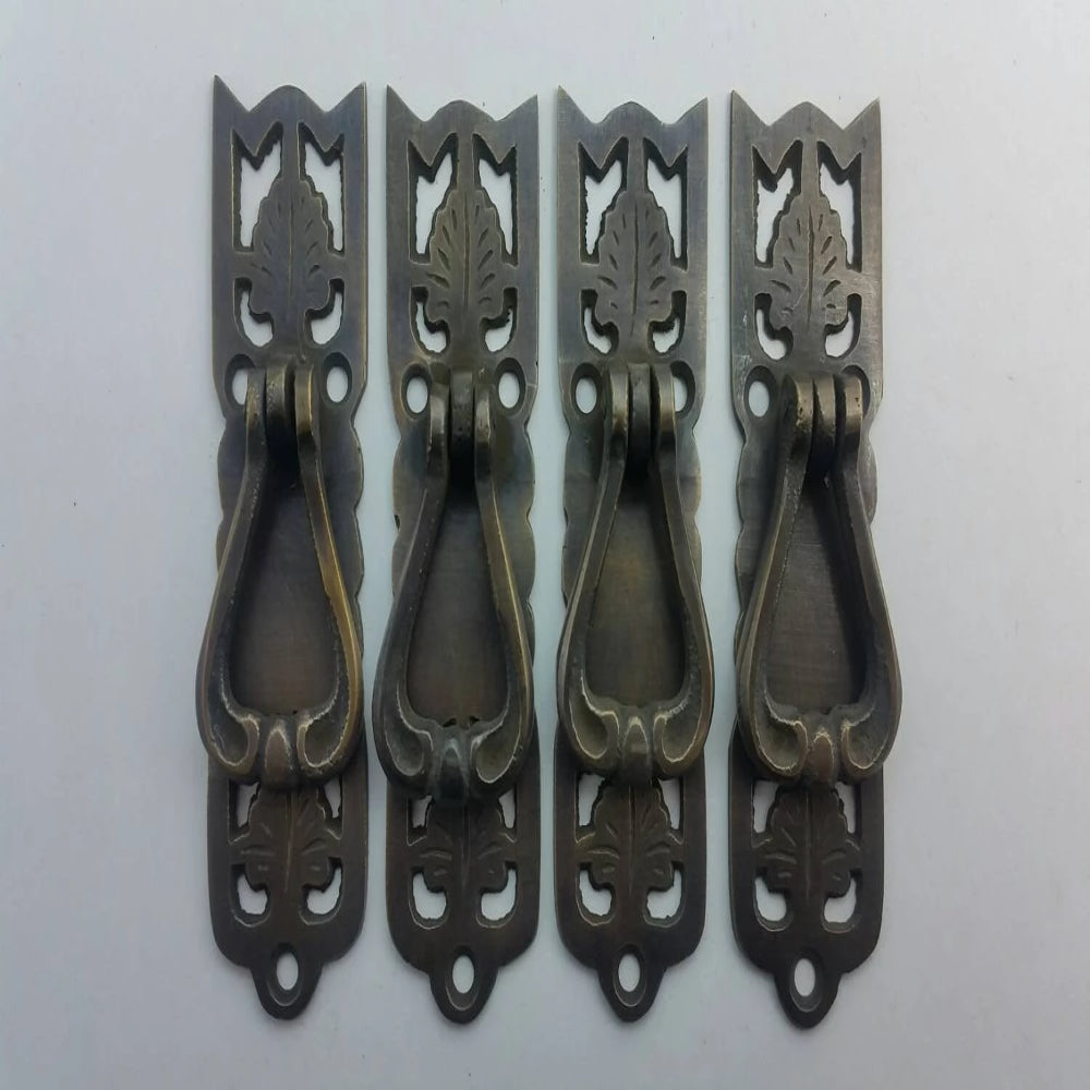 4 Vertical Handles w. Ring Pull Leaf Design Arts and Crafts 3 3/8" #H21
