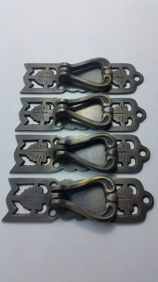 4 Vertical Handles w. Ring Pull Leaf Design Arts and Crafts 3 3/8" #H21