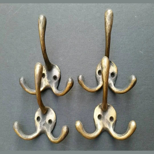Set of 4 antique tarnished solid brass triple Coat Hat Towel Hooks Solid Brass 3 3/8" long #C2
