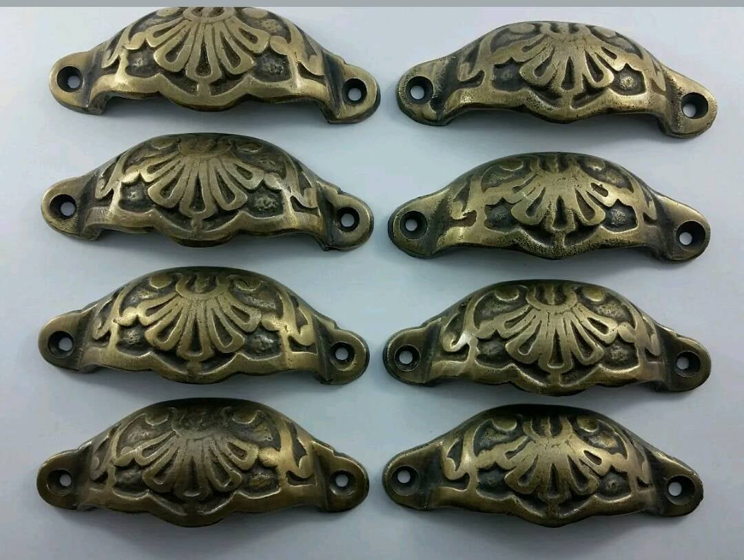 8 Solid Brass Ornate Cabinet Apothecary Drawer Bin Pull Handles 3 9/16" wide #A2