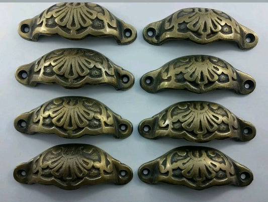 8 Solid Brass Ornate Cabinet Apothecary Drawer Bin Pull Handles 3 9/16" wide #A2