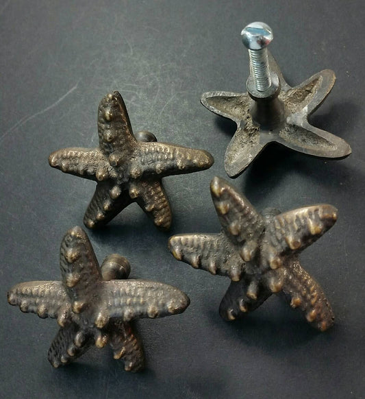4 Starfish Knobs Handles Pulls , Solid Brass 2" Beach, Ocean, Seaside, Nautical #K9