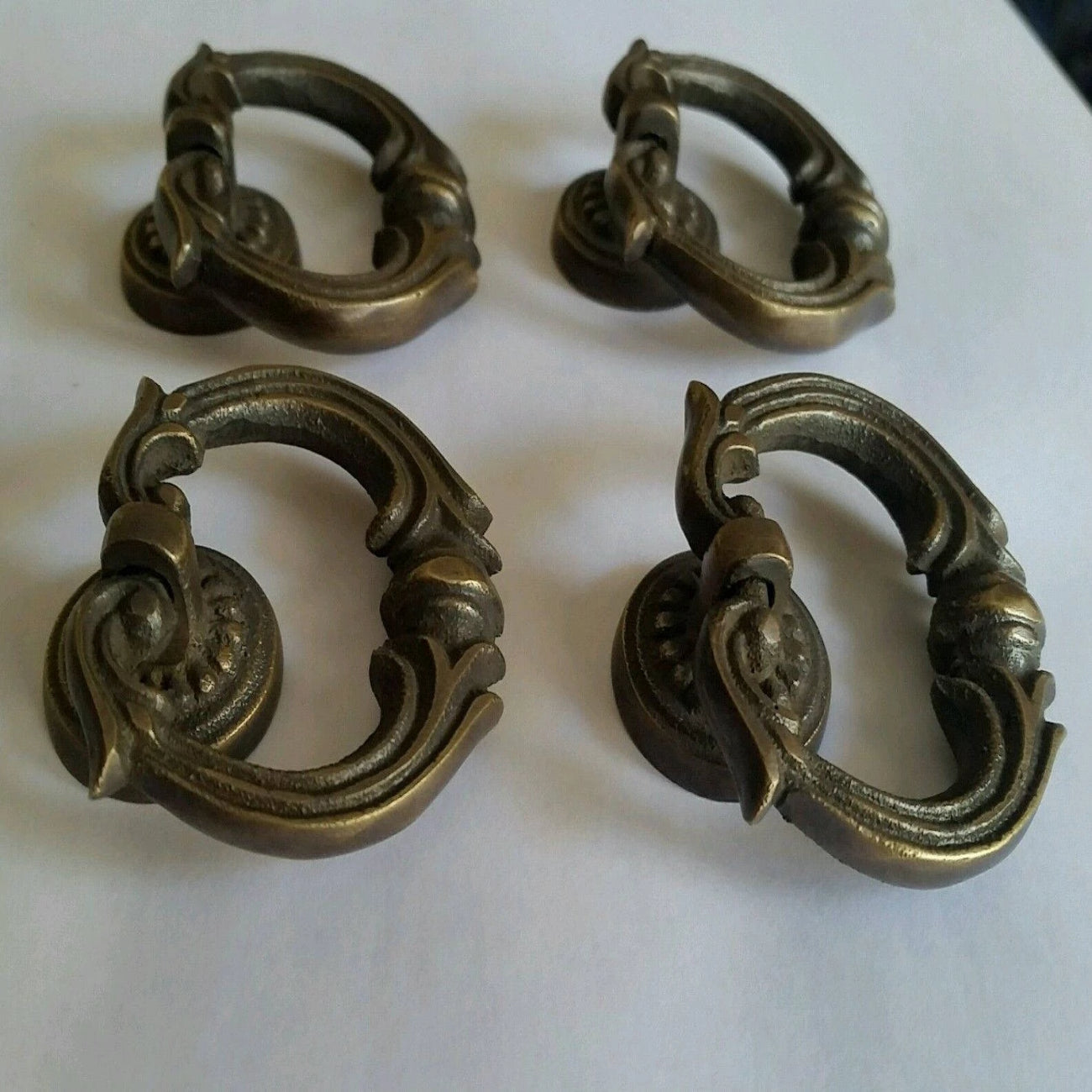 4 Ornate Handles Pulls w Detailed Drop Ring Antique Vintage Style 1 3/4" #H10