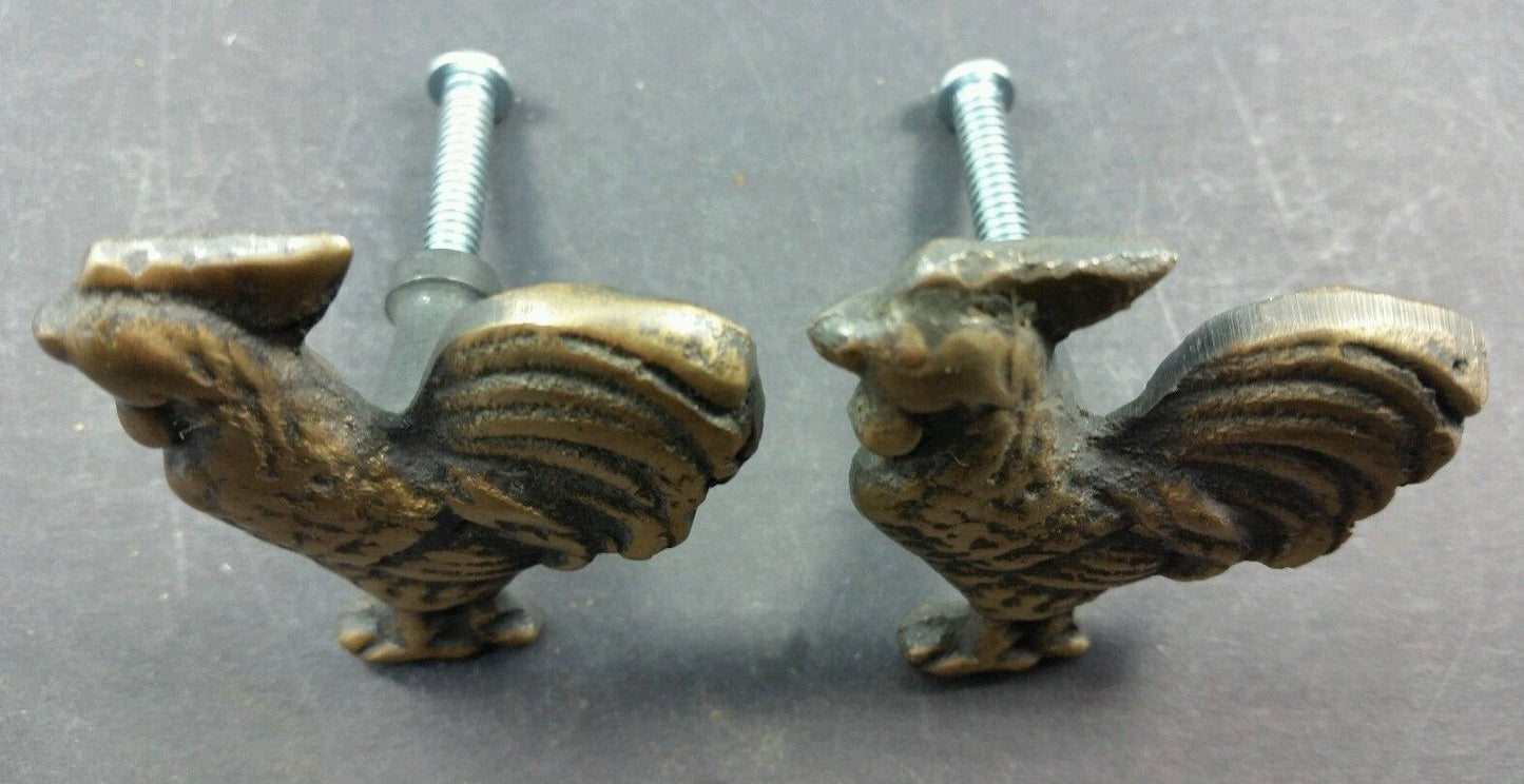 Set of 2 Rooster, Chicken Cabinet Drawer Door Knobs Pulls Solid Brass, Country #K13