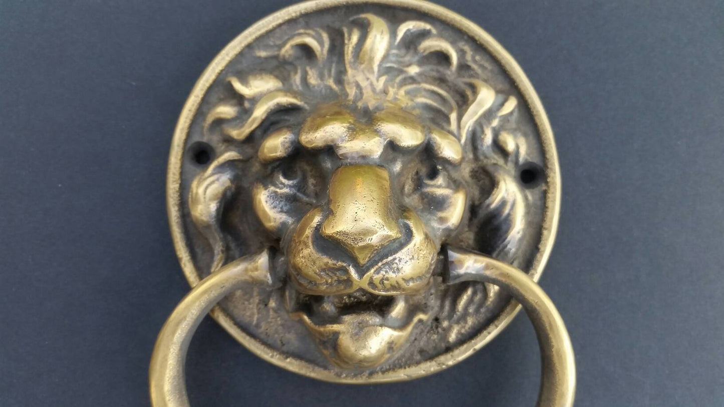 Large Unique Antique Vintage Style Brass Lion Head Door Knocker, Towel Ring 6" #D6