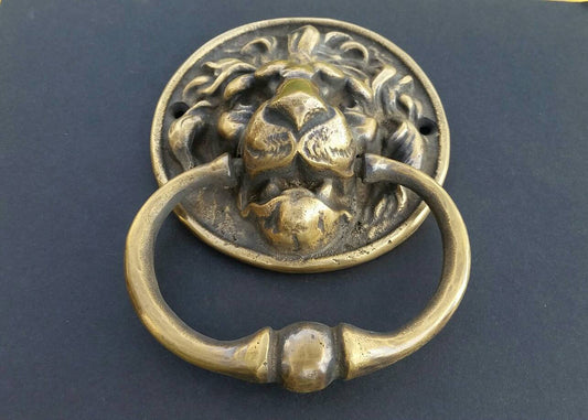 Large Unique Antique Vintage Style Brass Lion Head Door Knocker, Towel Ring 6" #D6