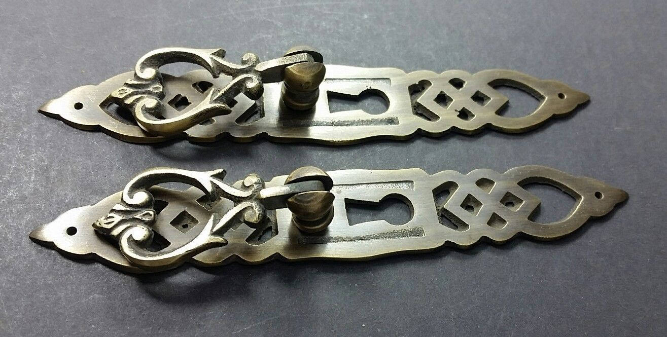 2 Lg.Ornate long Brass Handle Drawer Pulls knobs 5 3/8" x 7/8" #H37