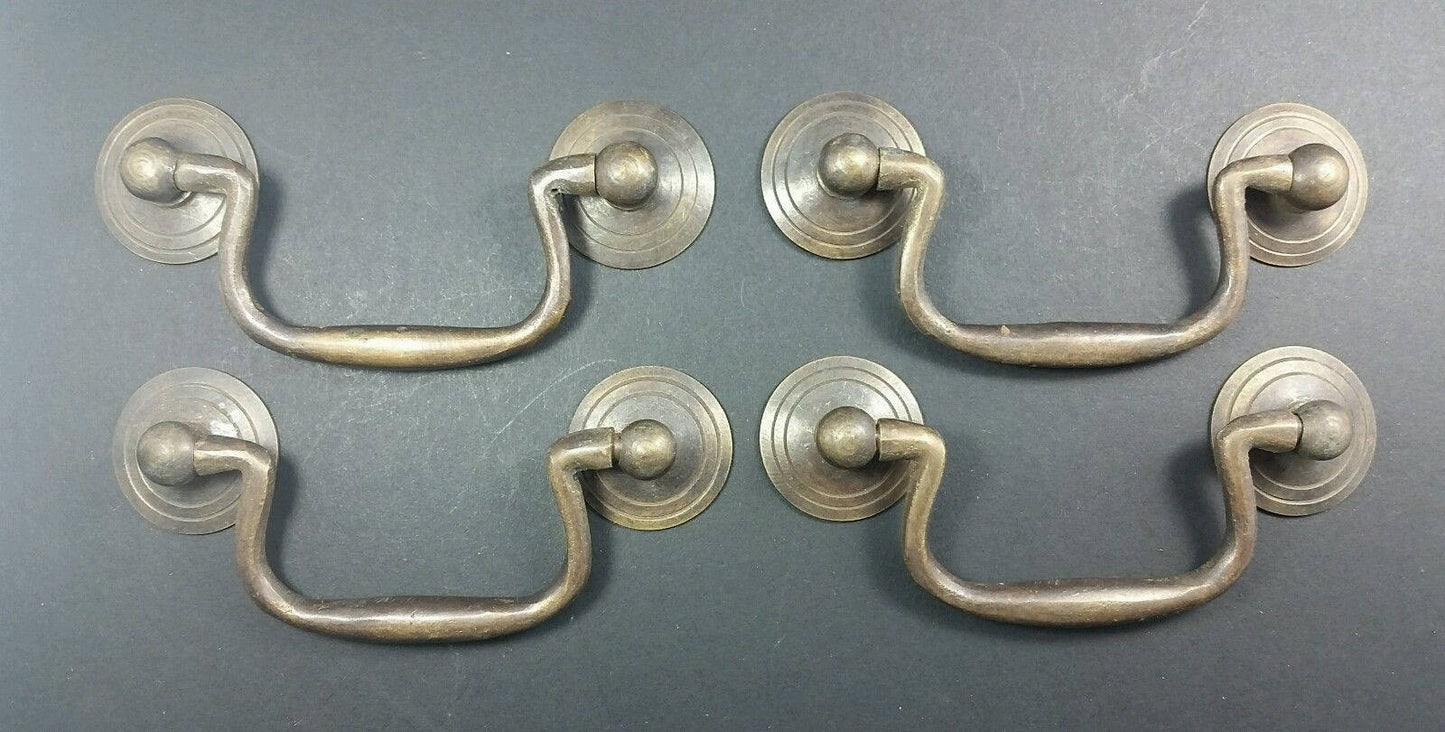 4 Antique Brass Swan Neck Bails Cabinet Drawer Pull handles w Bolts 3"cntr #H39