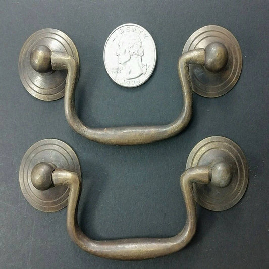 4 Antique Brass Swan Neck Bails Cabinet Drawer Pull handles w Bolts 3"cntr #H39