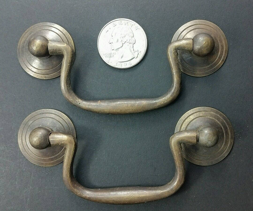 2 Antique Style Brass Swan Neck Bails Cabinet Drawer Pull handles w Bolts 3"cntr #H39