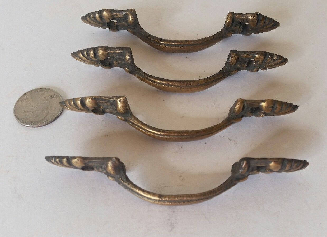 4 French Ornate Cabinet Drawer Pull Handles 4 3/8" solid brass #P4
