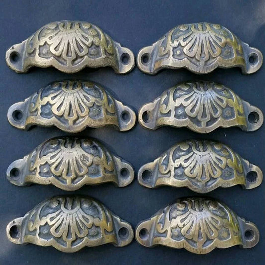 8 Solid Brass Ornate Cabinet Apothecary Drawer Bin Pull Handles 3 9/16" wide #A2