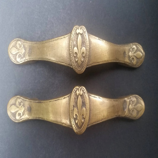 Set of Antique Style French Fleur de Lis solid brass handles, drawer pulls,hardware 5-5/8" long #P3