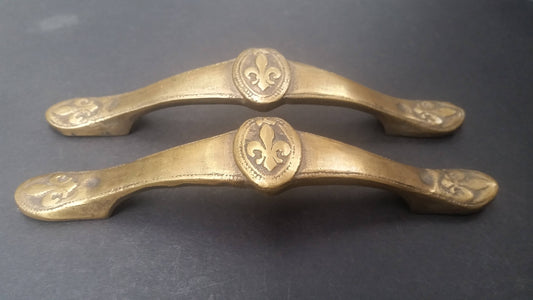 Set of Antique Style French Fleur de Lis solid brass handles, drawer pulls,hardware 5-5/8" long #P3