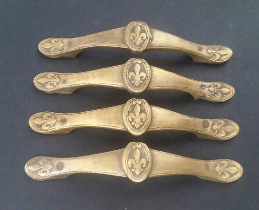 4 Antique Style French Fleur de Lis solid brass handles, pulls 5-5/8" long w. bolts, hand made #P3