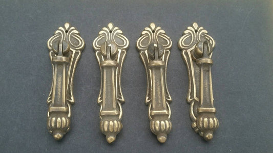 4 Antique Vintage Style Brass Ornate Pull Handles 3 1/4" long Victorian Teardrop #H7