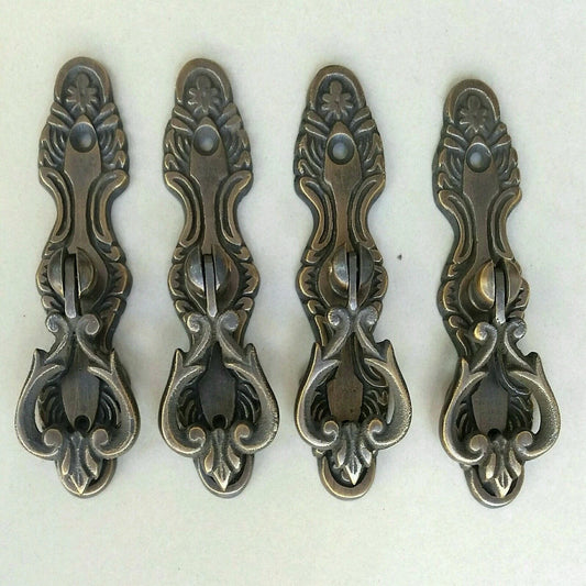 4 Antique Style Tear Drop Pendant Solid Bras Pulls w. Bolts vertical or Horizontal Backplate #H9