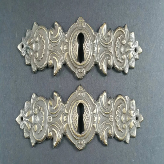2 Antique French Brass Escutcheons, Ornate Keyhole Cover,Door, Louis XIV French Country #E16