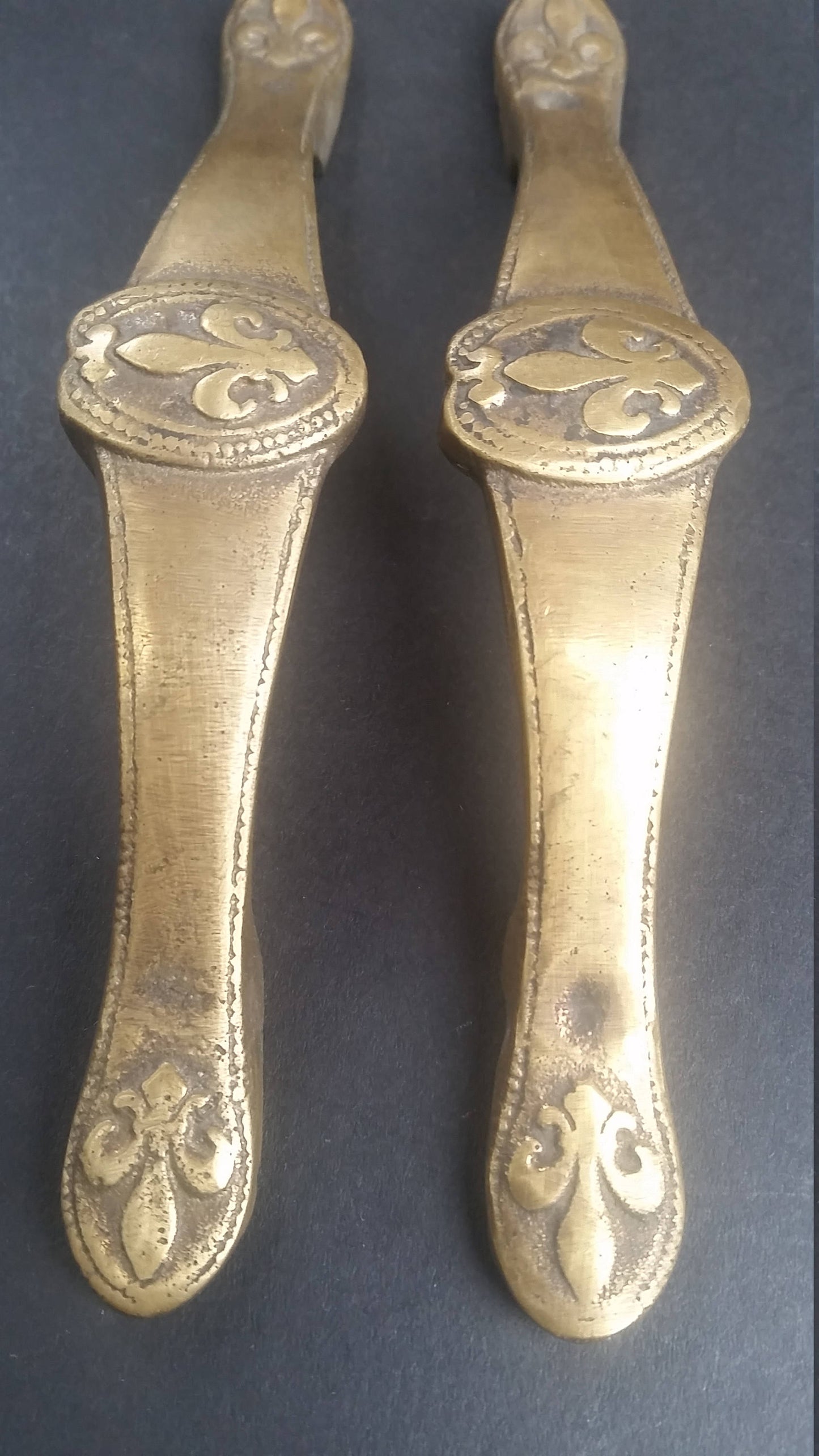 Set of Antique Style French Fleur de Lis solid brass handles, drawer pulls,hardware  5-5/8" long #P3