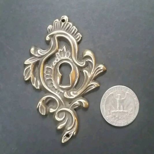 2 Antique Style Brass French Provincial, Louis XIV, Rococo, Keyhole Cover, Escutcheon 3" x 2"  #E7