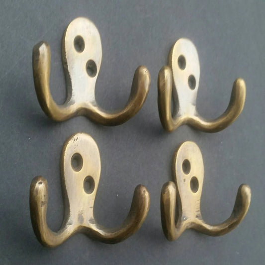 Set of 4 Small double Coat Hat Hooks Solid Brass 2 1/2" wide #C1