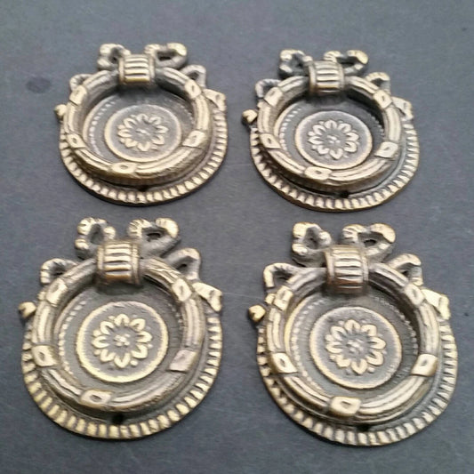 4 decorative Classic Laurel Leaf Ribbon Bow and Wreath round ring handles, knobs ,solid brass #H23