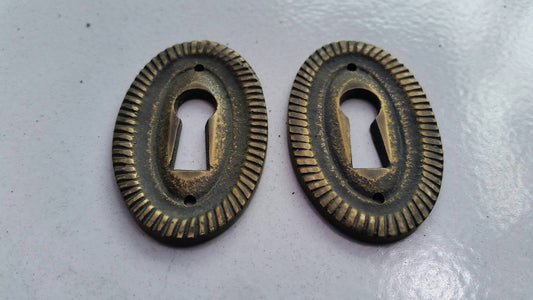 2 Antique Oval Brass Escutcheon  ,Fancy Keyhole Cover,Door Locks,Drawer,French Country #E18