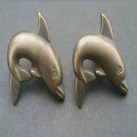 2 Jumping Dolphin Brass Knobs Handles Pulls Ocean, Beach, Seaside, Nautical Hardware 1" x 2"  #K16