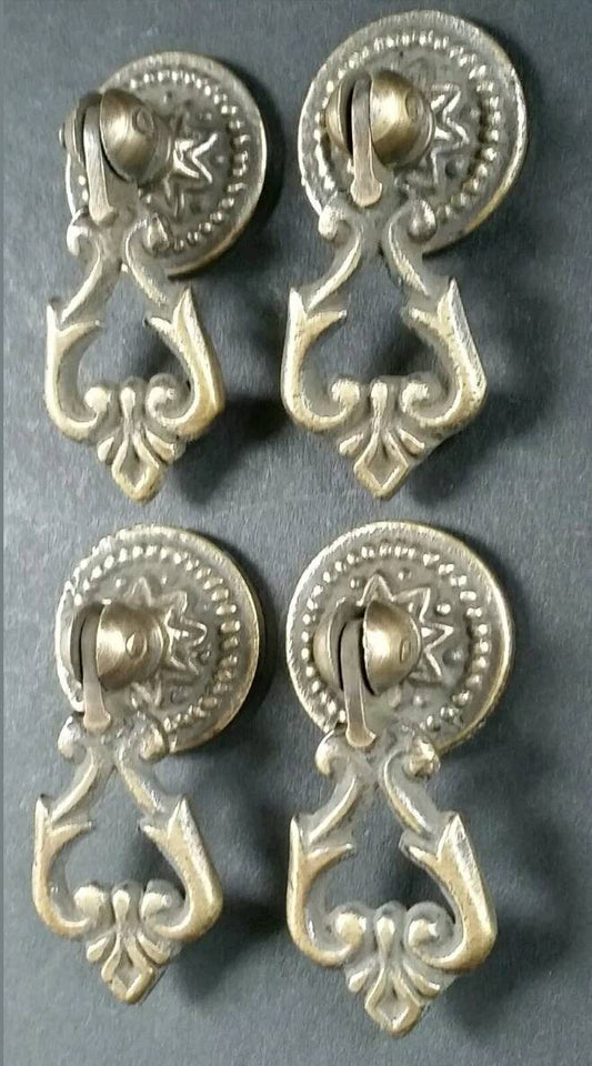4 Small Ornate Drop Ring Drawer Pulls Handles Hardware in Solid Brass w. round Floral back Plate #H8