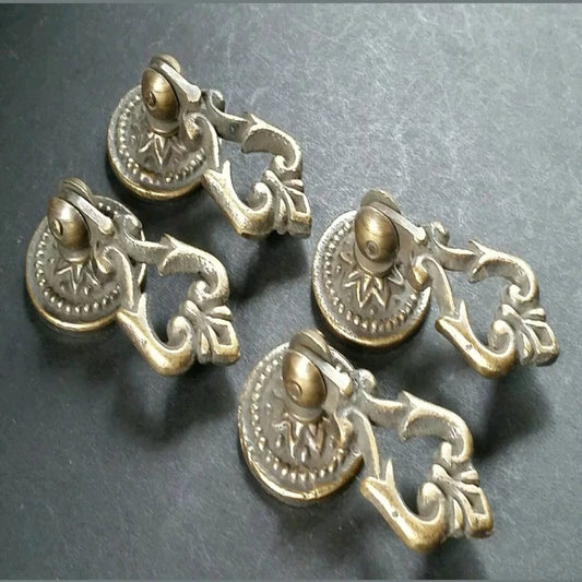 4 Small Ornate Drop Ring Drawer Pulls Handles Hardware in Solid Brass w. round Floral back Plate #H8