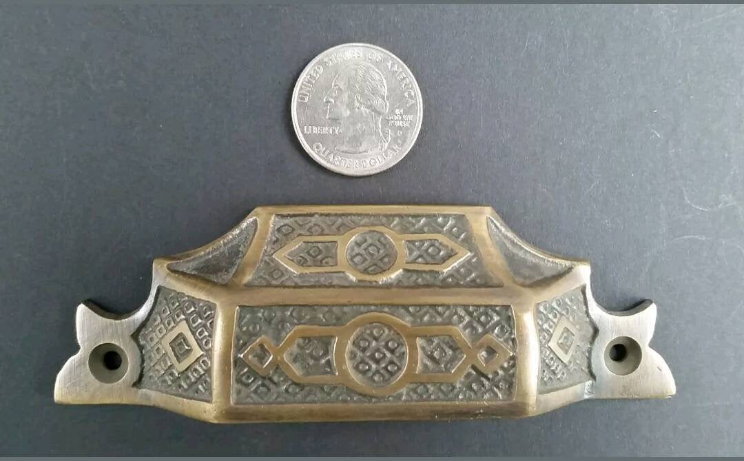 2 Antique Vintage Style Solid Brass Victorian Eastlake Apothecary Bin Pull Handles 4-9/16" wide #A6
