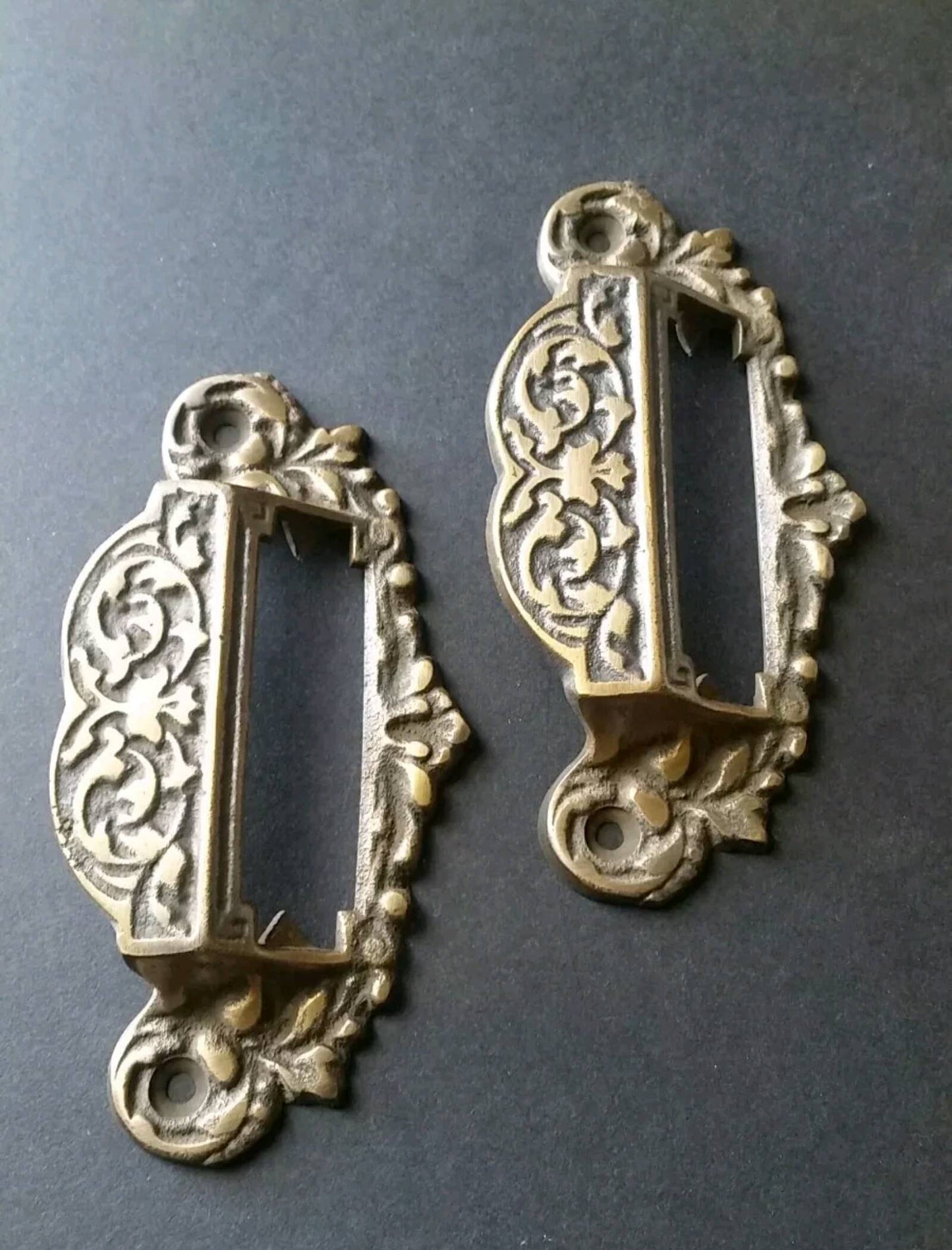 2 vintage antique brass Victorian Apothecary Bin Pull Handles with label holder slot 4-3/4" wide #A7