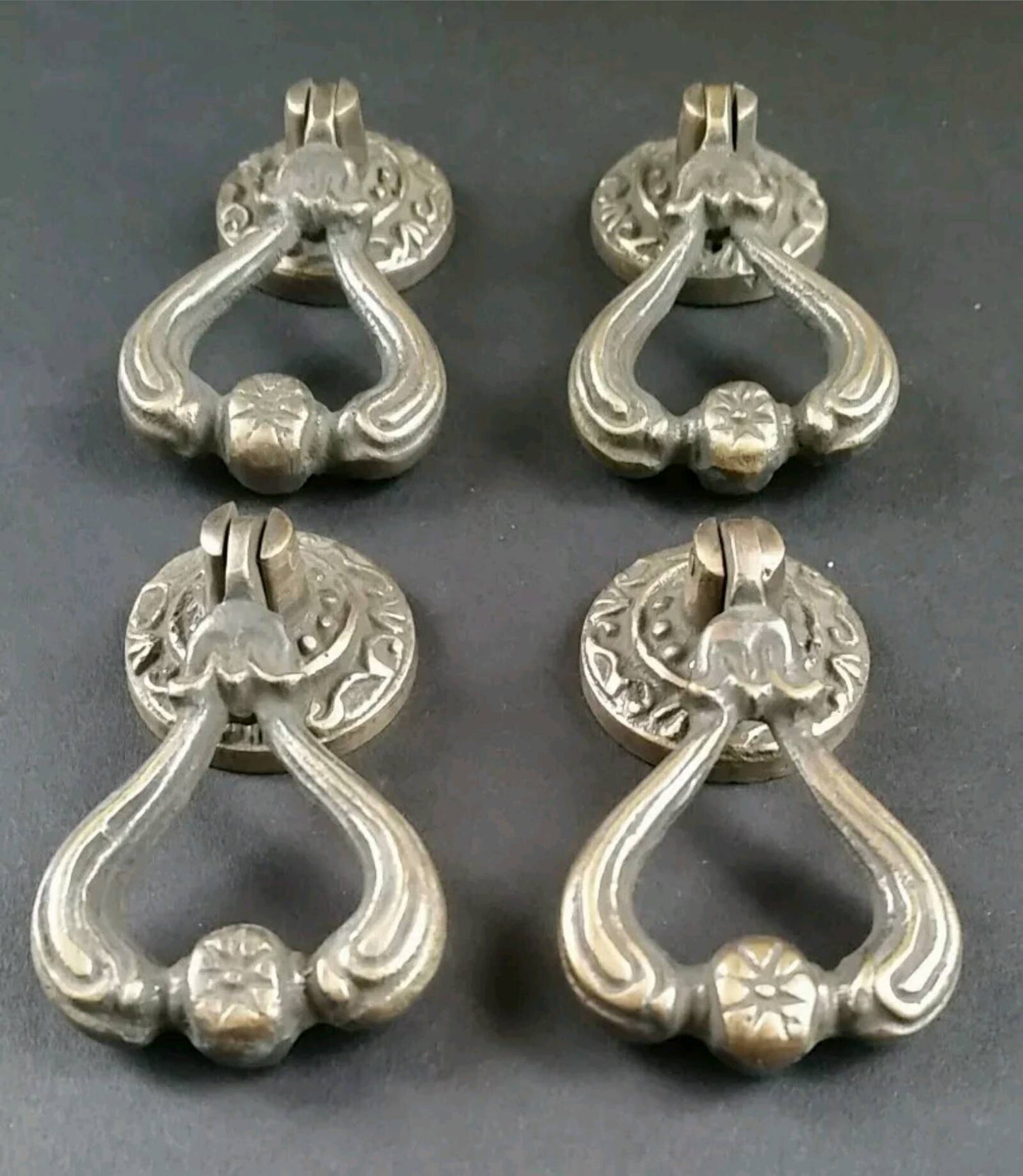 4 Ornate Brass Handles Pulls w Detailed Drop Ring Victorian, French Antique Vintage Style#H11