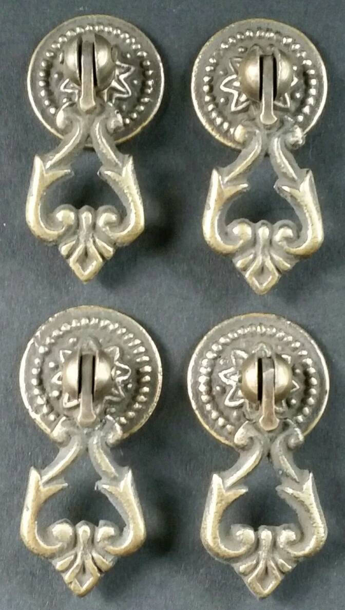 4 Small Ornate Drop Ring Drawer Pulls Handles Hardware in Solid Brass w. round Floral back Plate #H8