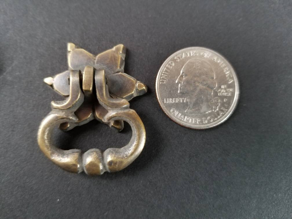 4 Small Ornate Drop Ring Drawer Pulls Handles Hardware in Solid Brass w. Star Floral back Plate #H14