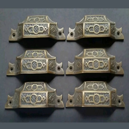 6 antique vintage brass Victorian Apothecary Bin Pull handles 4-9/16" #A6