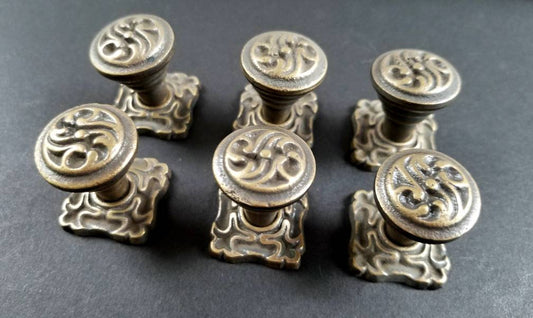 6 Ornate Antique Style, Art Nouveau, Solid Brass Knobs, Pulls Hardware w. 1" Back Plate and bolt #K5