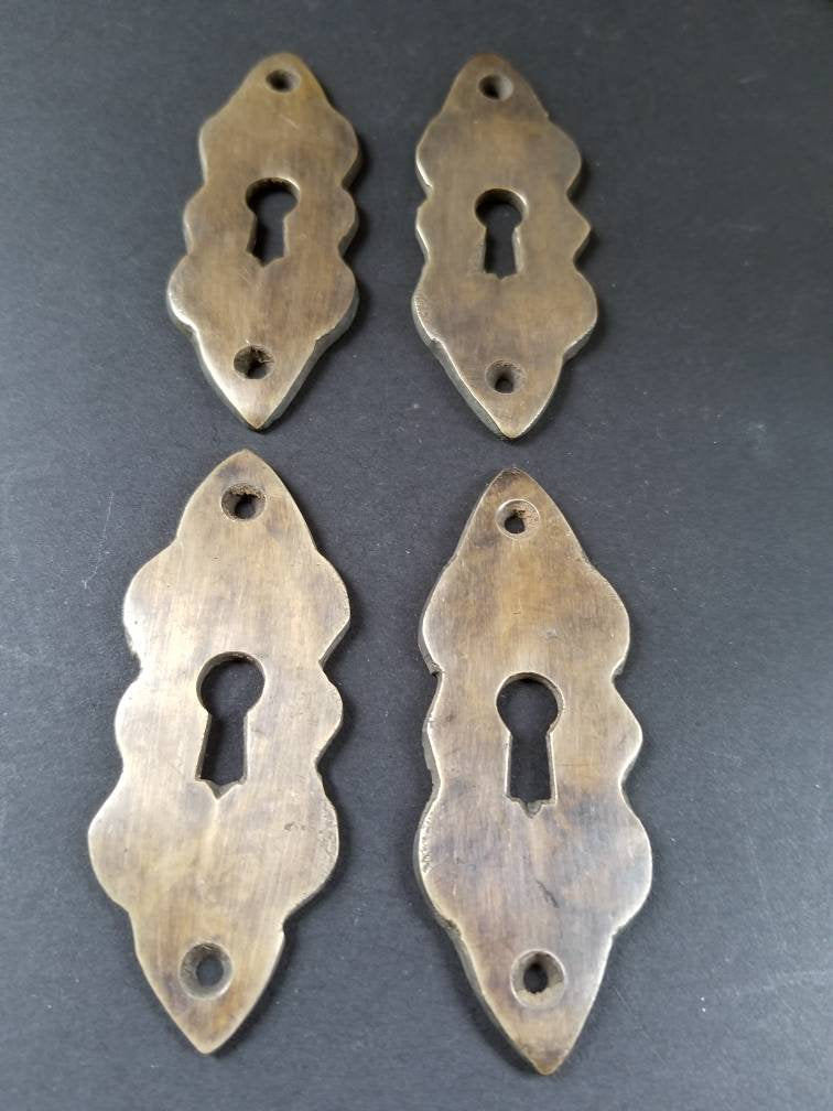 4 vintage antique Brass Escutcheons, Key Hole Covers ,Doors, Lock, Solid Brass, Jewelry component #E3