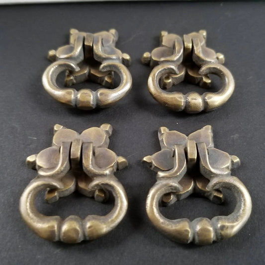 4 Small Ornate Drop Ring Drawer Pulls Handles Hardware in Solid Brass w. Star Floral back Plate #H14