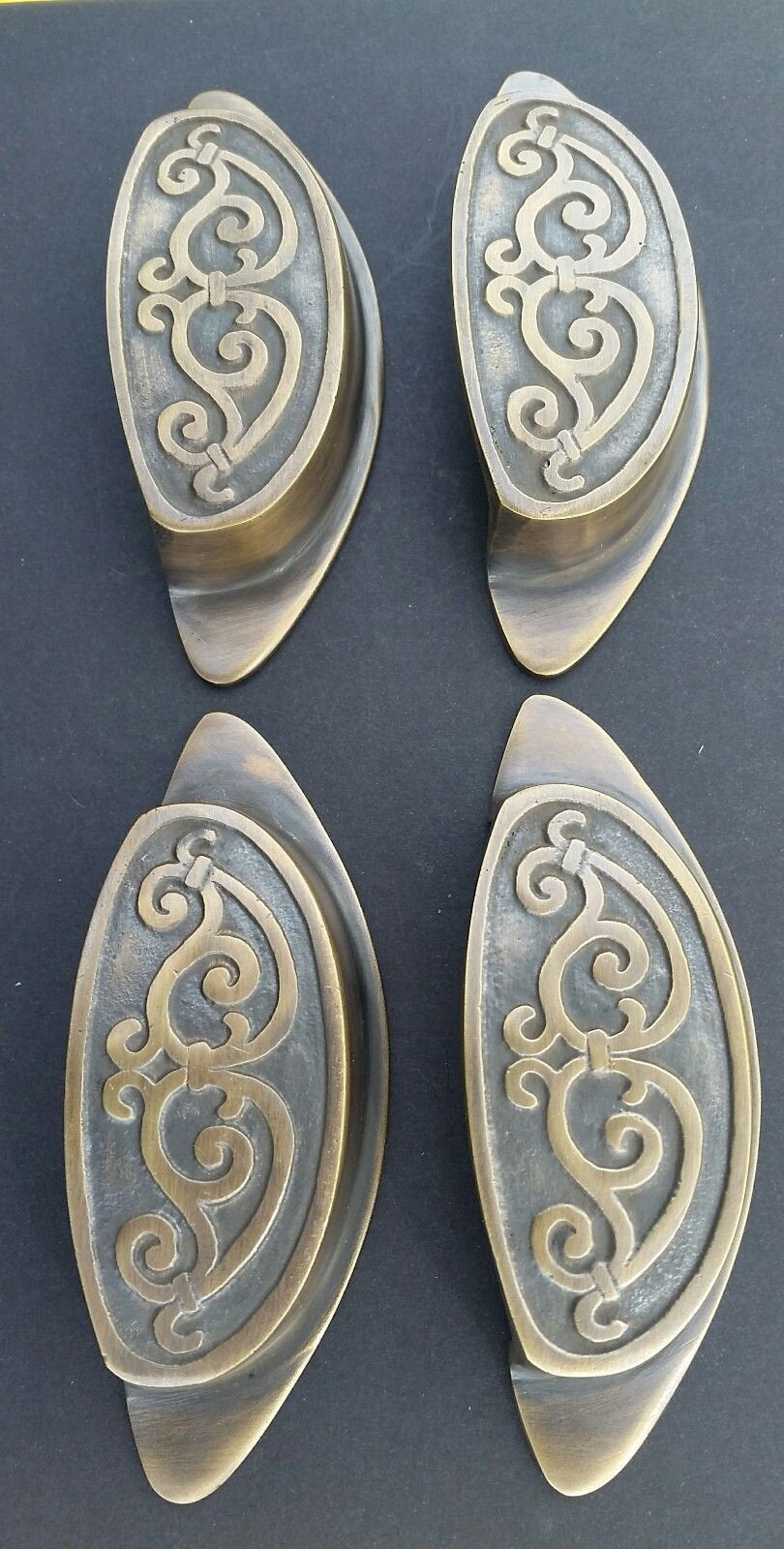 4 Solid Antique Style, Brass Apothecary Bin Cup Finger Pulls Handles 4"wide #A12