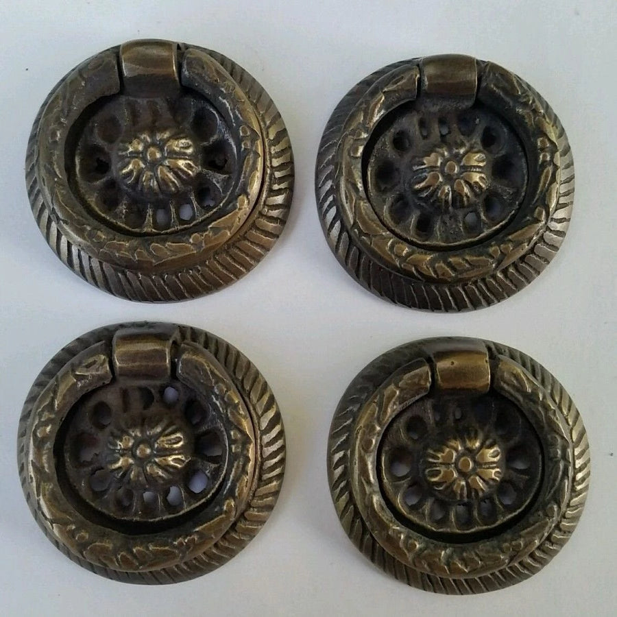4 Detailed Oval Brass Handles ring pulls 1 3/4" wide Laurel Wreath and Ribbon #H24