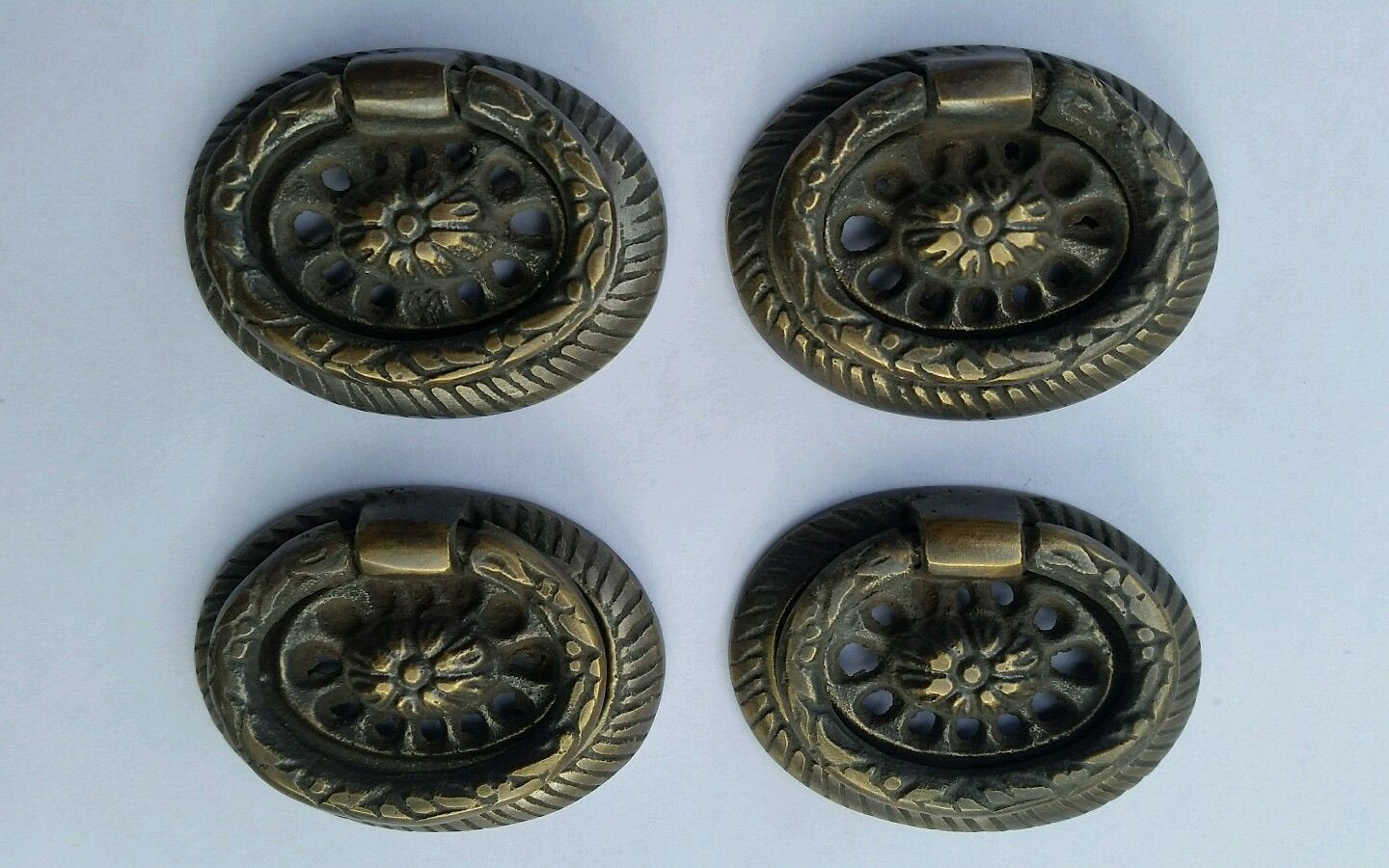 4 Detailed Oval Brass Handles ring pulls 1 3/4" wide Laurel Wreath and Ribbon #H24