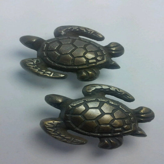 2 Sea Turtle Brass Knobs Ocean Beach Seaside Hardware 1 3/4" long #K10