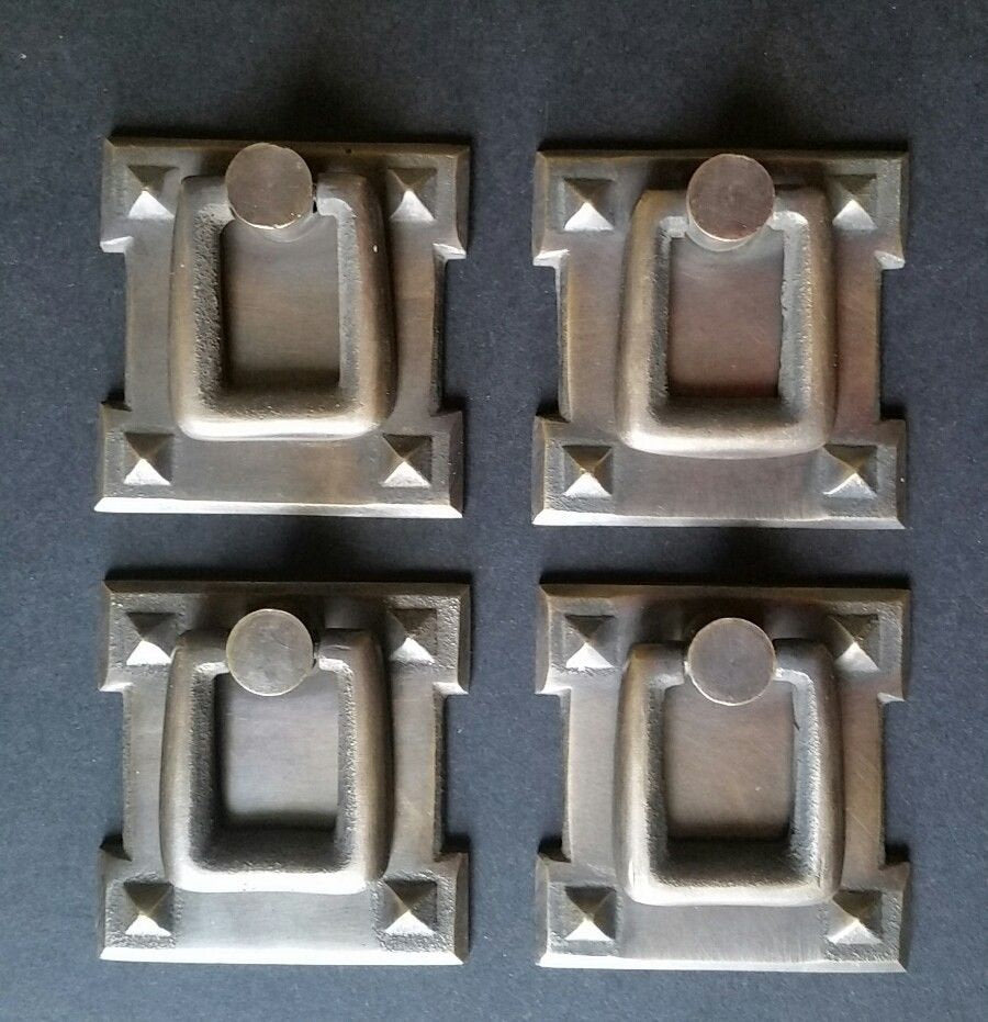 4 Square Mission Stickley Antique Style Brass Handles Ring Pulls 2 1/8" #H38
