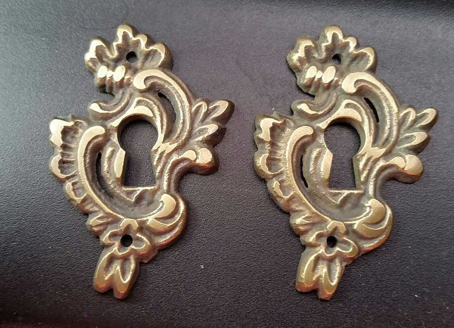 2 Antique Brass French Keyhole Escutcheons Ornate Fancy Keyhole Escutcheon #E15
