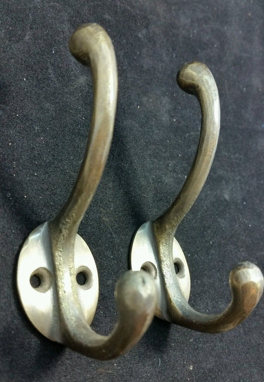 2 Solid Antique Brass Double Coat Hooks w. Oval Backplate 3" x 2" #C9