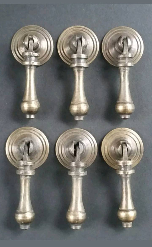 6 Antique Style Solid Brass Tear Drop Pendant Handle Pulls Knobs w. Bolts round Backplate #H3