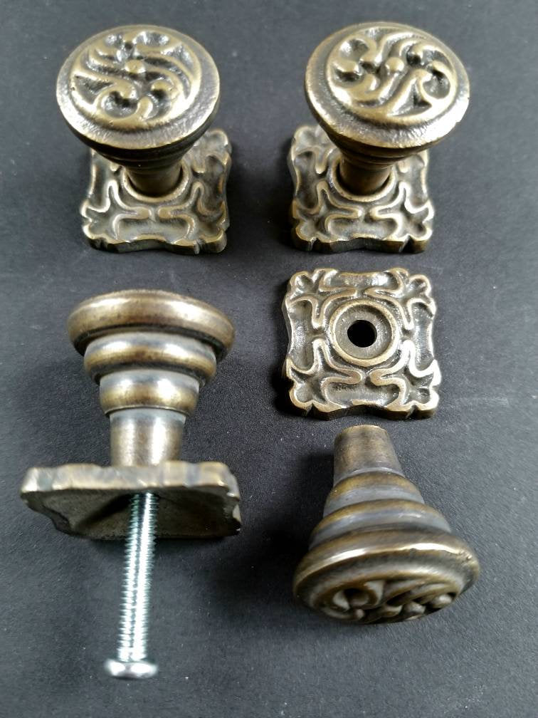 4 Ornate French Art Nouveau style brass Knobs, Handles, Pulls, Hardware with 1" back plates #K5